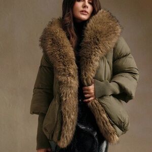 Luxurious Faux Fur Trim Olive Jacket